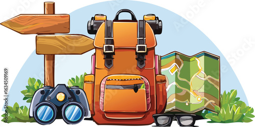 Adventure Backpack with Map, Binoculars, and Trail Sign for Field Trip