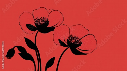 Elegant and Modern Floral Design Featuring Stylized Red Flowers on a Bold Red Background Ideal for Use in Creative and Artistic Projects