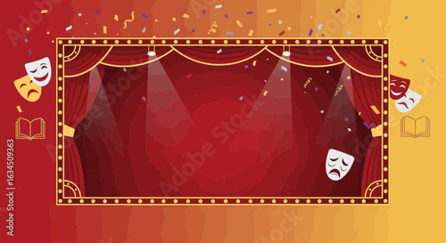 Red stage curtain with drama masks, book, confetti, lights creates a festive and lively atmosphere