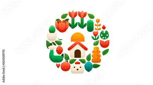 Oval Arrangement of Flowers, House, and Garden Elements – Whimsical Wreath Design for Eco and Home Brands

