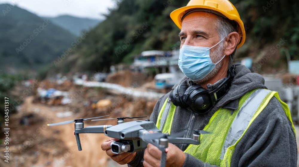 Fototapeta premium Male engineer using drone for project inspection in remote area technical career natural environment