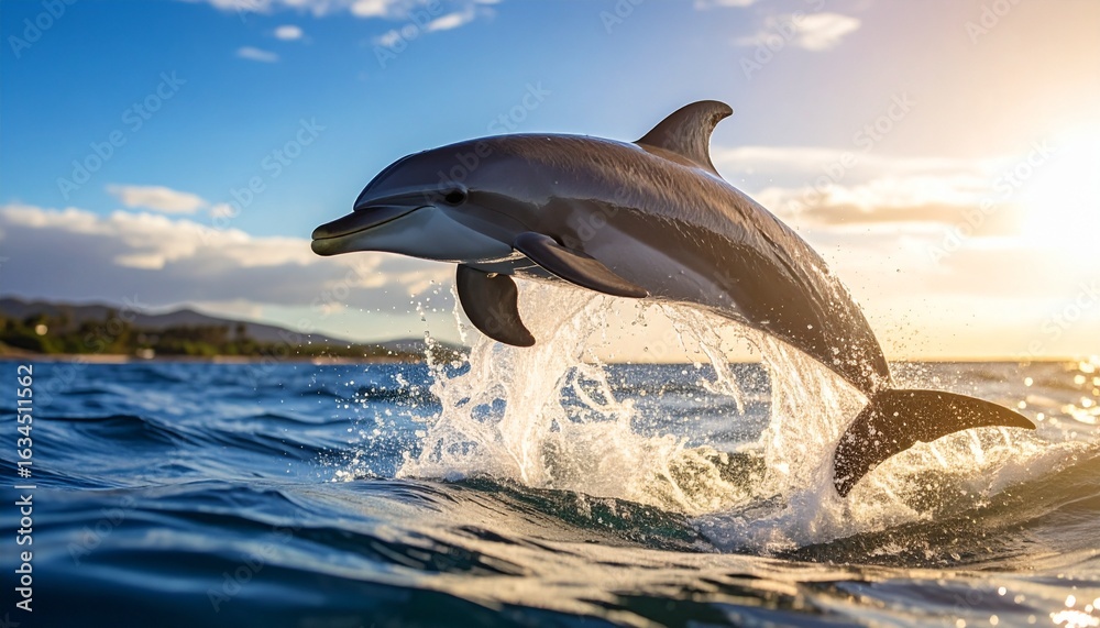 Naklejka premium A joyous dolphin leaps from the sparkling ocean waves at sunset, showcasing its agility and the beauty of marine life