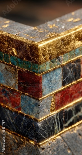Close-up view of a corner section, showcasing intricate mosaic work.  Gold-leaf accents highlight the edges of colorful, inlaid stone blocks.  Dark gray stone base is visible