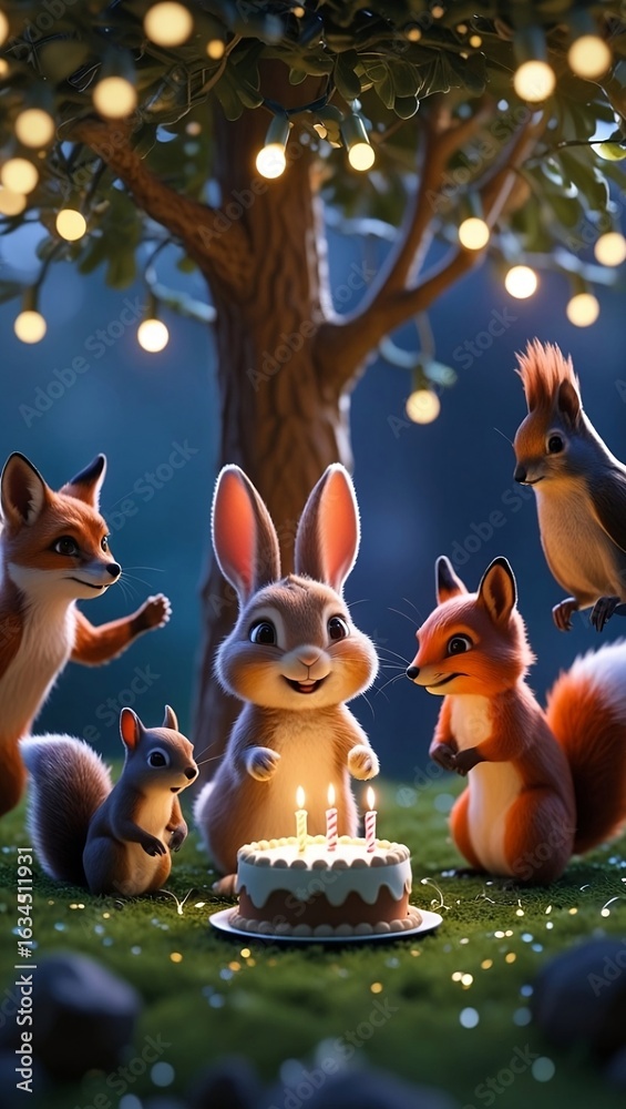 Fototapeta premium Cute Animals Celebrate a Birthday Party Outdoors With a Cake and Lights