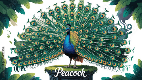 Vibrant Peacock Displaying Feathers on Pedestal with Lush Foliage Illustration Art