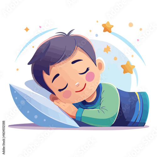 Charming illustration of a young boy sleeping soundly with a peaceful smile, dreaming sweet dreams under magical floating stars.
