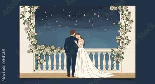 Romantic Wedding Scene with Couple Embracing Under Starry Night on Balcony Decor