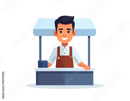 A friendly male entrepreneur standing at his market stall. Cheerful shopkeeper character in an apron behind a counter ready for business.