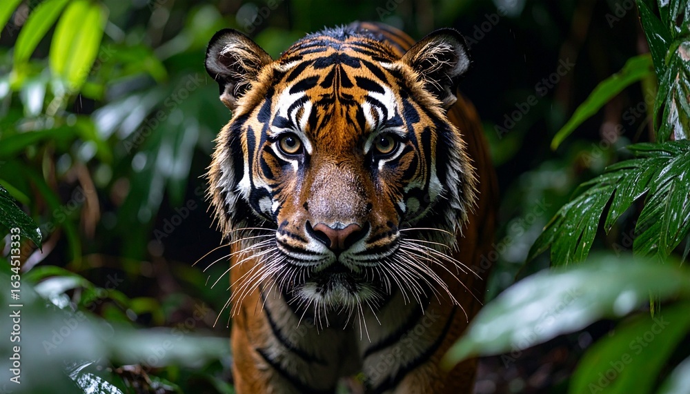 Fototapeta premium Majestic Tiger in Lush Green Habitat A Wildlife Portrait