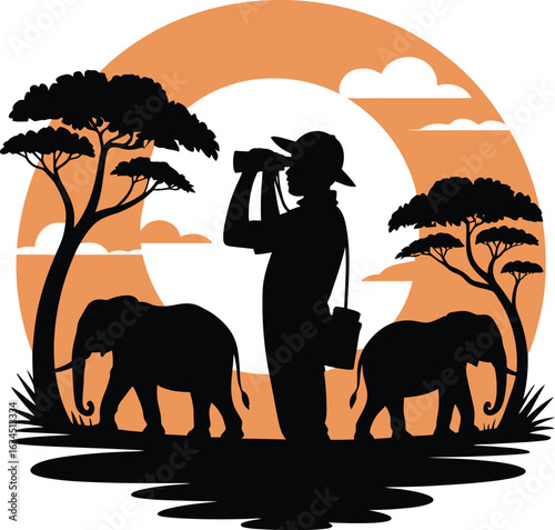 Silhouette of a Wildlife Observer with Elephants in an African Savannah Sunset Scene