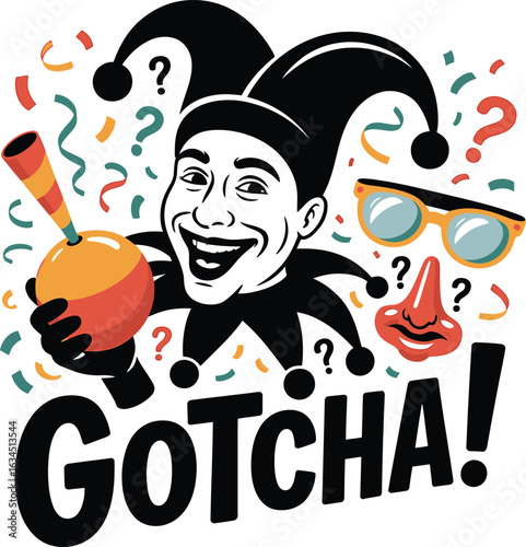 Humorous April Fools' Day Jester with 'Gotcha!' Text and Confetti on Transparent Background Vector