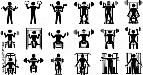 Vector art of collection of stick figure icons demonstrating weightlifting exercises