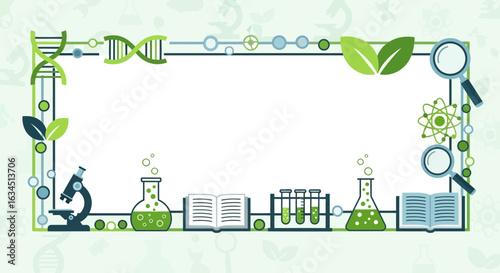 Science themed decorative frame with lab equipment, educational research design