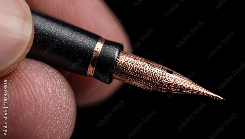 Naklejka premium Close-up of a fountain pen nib held in a hand