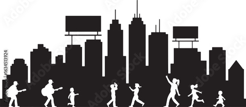 Detailed Black and White Vector Illustration of City Skyline with People on Transparent Background