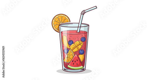 Hand-drawn illustration of a whisked tropical fruit medley smoothie in a glass with a straw and orange garnish