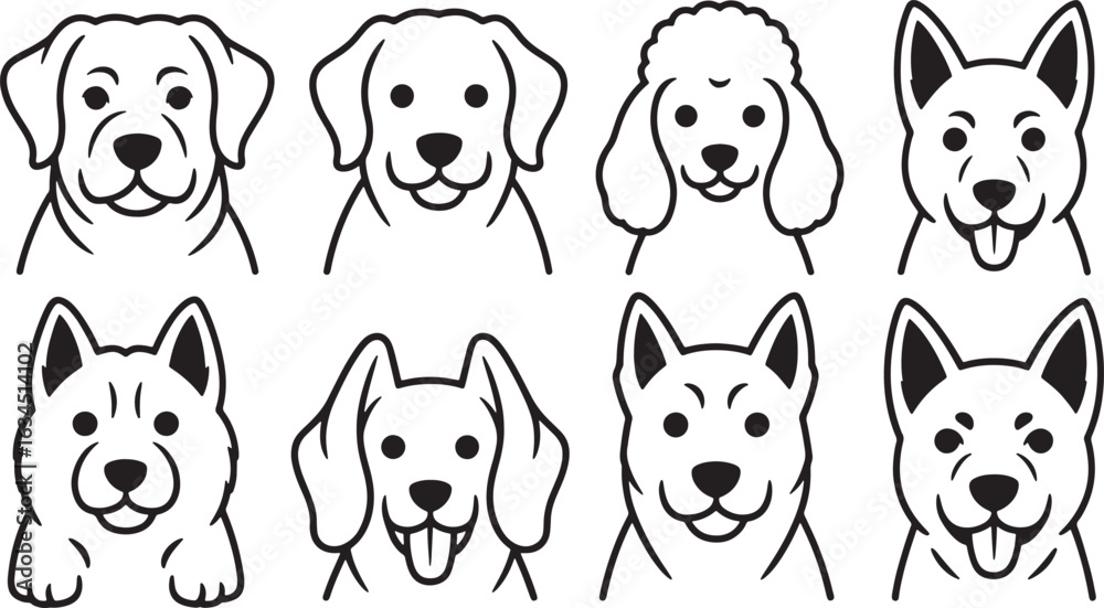 Obraz premium Dog Breeds Vector Set Canine Portraits Puppy Faces Pet Outlines Animal Illustrations Line Art