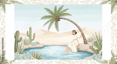 Serene desert oasis with woman, palm tree, cacti, and tranquil water scene
