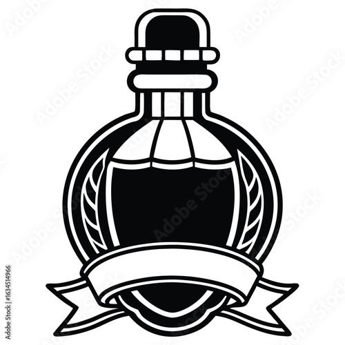 Vintage bottle silhouette with laurel wreath and banner isolated on white background