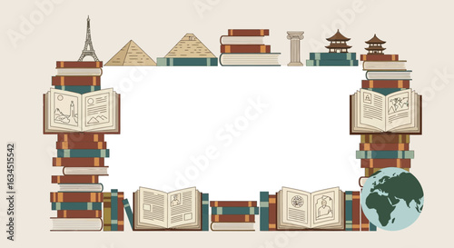 Travel through knowledge: A frame of books and world landmarks for educational themes
