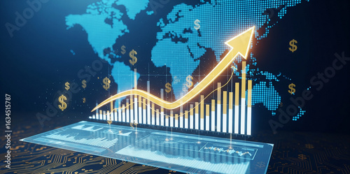 World Map with Rising Stock Chart