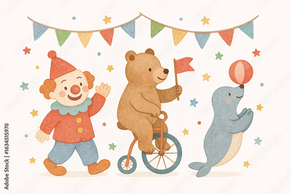 Fototapeta premium Watercolor illustration of cute circus parade with clown, bear on unicycle, and seal with ball – fun carnival characters in pastel colors, kids party clipart on white background 