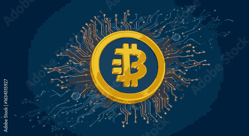 Cryptocurrency and Blockchain Technology: Golden Bitcoin Coin on Digital Circuit Board
​Keywords: