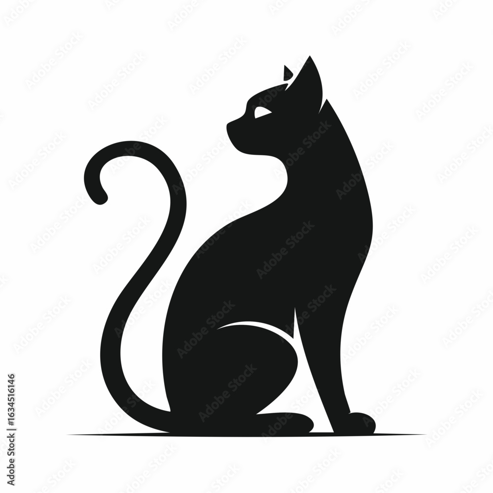 A graceful silhouette of a sitting black cat. Clean 2D flat vector design of a feline with a curled tail, isolated on a white background. A graceful silhouette of a sitting black cat. Clean 2D flat vector design of a feline with a curled tail, isolated on a white background.