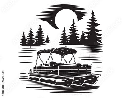 Pontoon Boat Scene – Vector Artwork with Calm Lake, Tree Line, and Sunset – Ideal for Nature Lovers, Vintage Style Graphics, and Print Projects