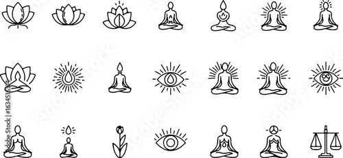 Vector art of collection of yoga and meditation icons isolated on white background