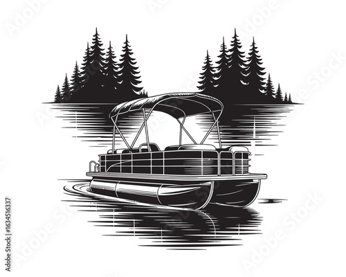 Vector Illustration of Pontoon Boat on Lake – Black and White Forest Sunset Scene for Outdoor Recreation Designs, Marine Posters, or Adventure-Themed Merchandise

