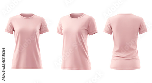 Three views of a pink tshirt isolated on transparent background, showcasing its design, fit, and style for womens casual wear and fashion