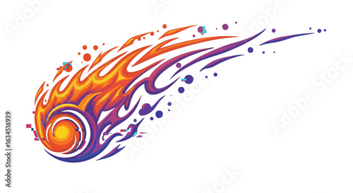 Vector Illustration of Fireball with Dynamic Flames in Modern Abstract Style Bright Orange Purple Colors