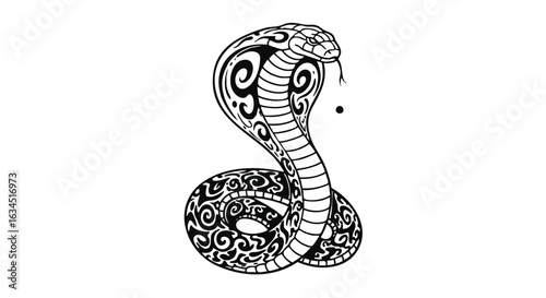 Minimalist Vector Illustration of Ornamental Snake with Tribal Patterns in Black and White Style for Tattoo Design