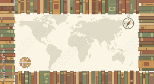 Vintage World Map Surrounded by Books and Compass for Travel and Education Theme