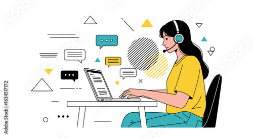 Virtual assistant with headset working from home on a laptop with chat bubbles