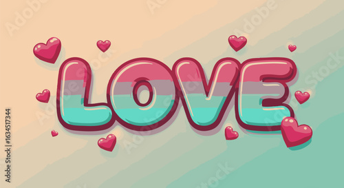 Colorful 3D love lettering with glossy hearts. Romantic alphabet typography illustration for a greeting card or festive design.