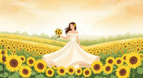Watercolor illustration of a bride holding sunflowers in a sunflower field happiness