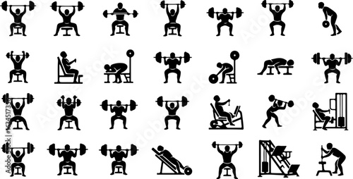 Vector art of collection of weightlifting and gym exercise icons isolated on white background