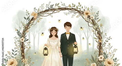 Watercolor Wedding Illustration of a Couple Standing Under a Floral Archway with Lanterns