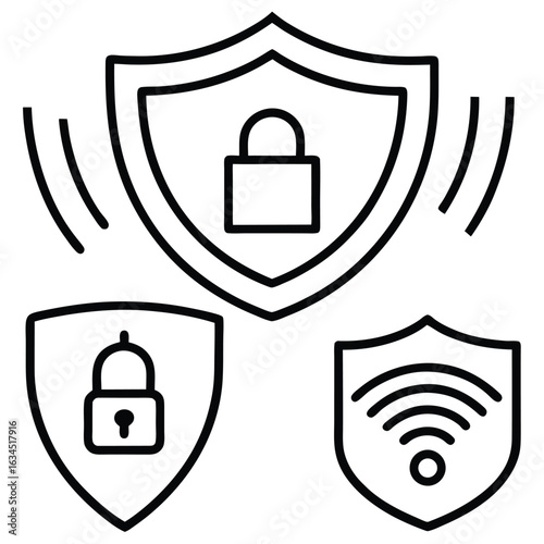 Digital security shields with padlocks and wi fi signals representing online protection