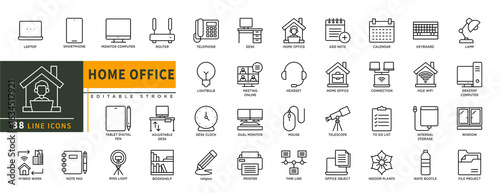 Minimalist Home office line icons set with editable stroke, featuring laptop, smartphone, monitor computer, router, telephone, desk, note pad, hybrid work, bookshelf, clock. thin linear illustration.