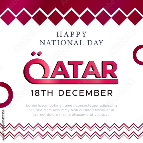 Elegant Qatar National Day poster with clean white background and bold 3D pink typography. Features modern zigzag elements, circular accents, and cultural patterns inspired by Qatari identity.