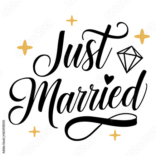 Elegant just married script with diamond heart and golden stars for wedding celebration design theme