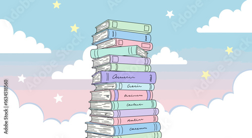 Whimsical illustration of a stack of colorful books against a dreamy cloudscape
