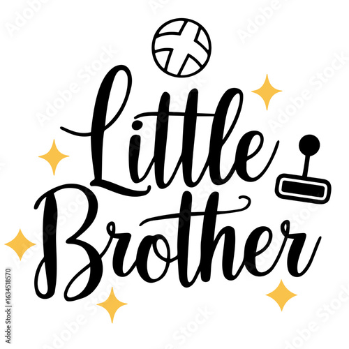 Little brother text with a soccer ball and a game controller surrounded by stars design element