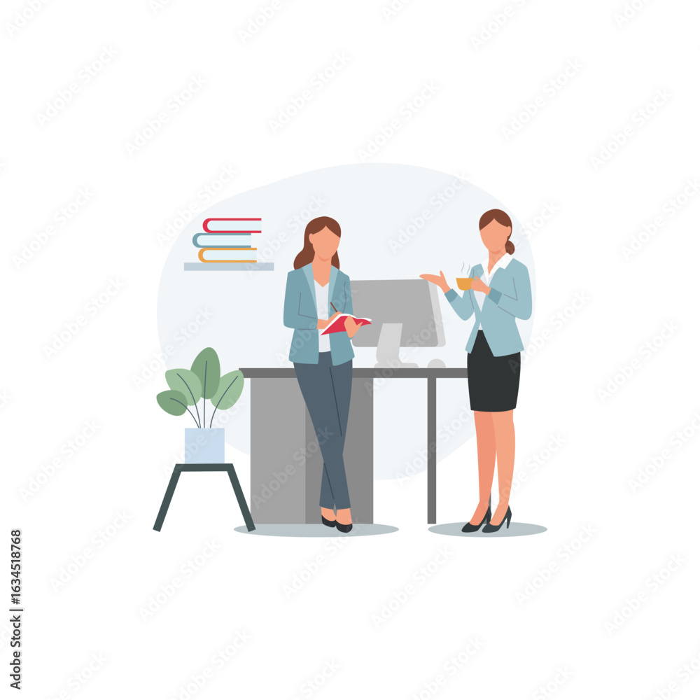 Obraz premium Business concept illustration on the subject of teamwork, Two businesswomen talking in an office, business woman in suit business, woman, people, couple, businesswoman, Business concept illustration