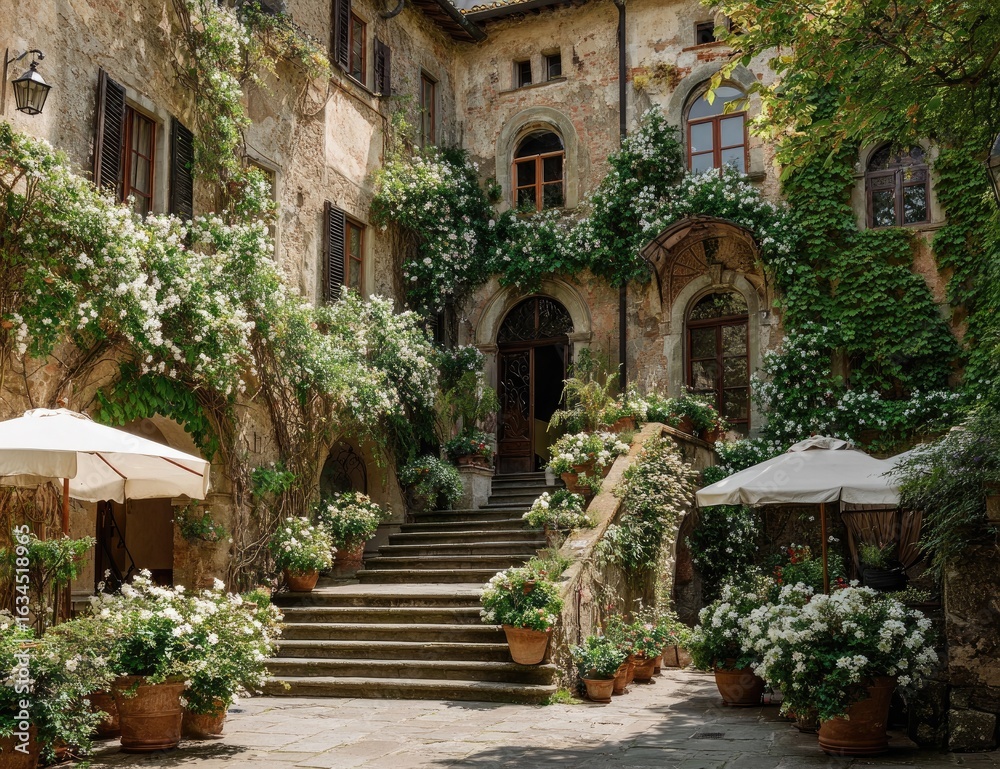 Fototapeta premium Sun-drenched Italian courtyard, overflowing with blooming white flowers cascading down aged stone walls. A grand staircase leads to a doorway, with cafe umbrellas casting shade