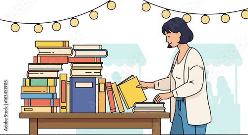 Woman organizing a book stand at an outdoor market illuminated by string lights, creating a warm
