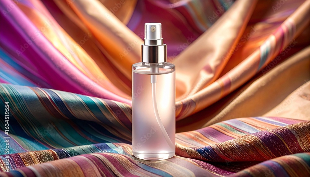 Naklejka premium A transparent perfume bottle with a golden spray nozzle rests elegantly on iridescent, multicolored silk fabric—evoking themes of sensuality, luxury, and the celebration